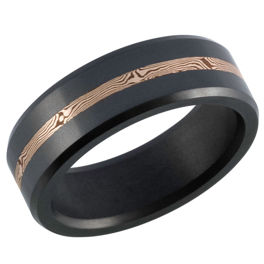 Elysium ARES - Solid Black Diamond Ring - 14K Rose Gold Mokume Inlay