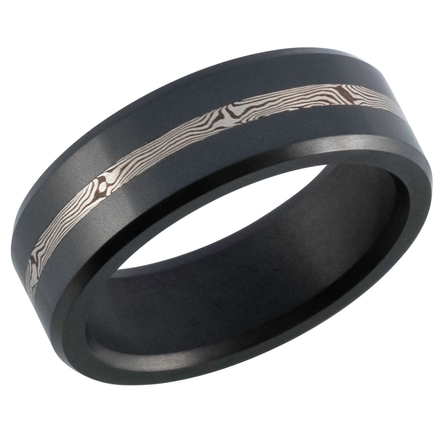 Elysium ARES - Solid Black Diamond Ring - 14K White Gold Mokume Inlay