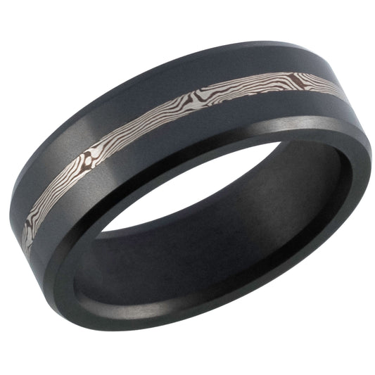 Elysium ARES - Solid Black Diamond Ring - 14K White Gold Mokume Inlay