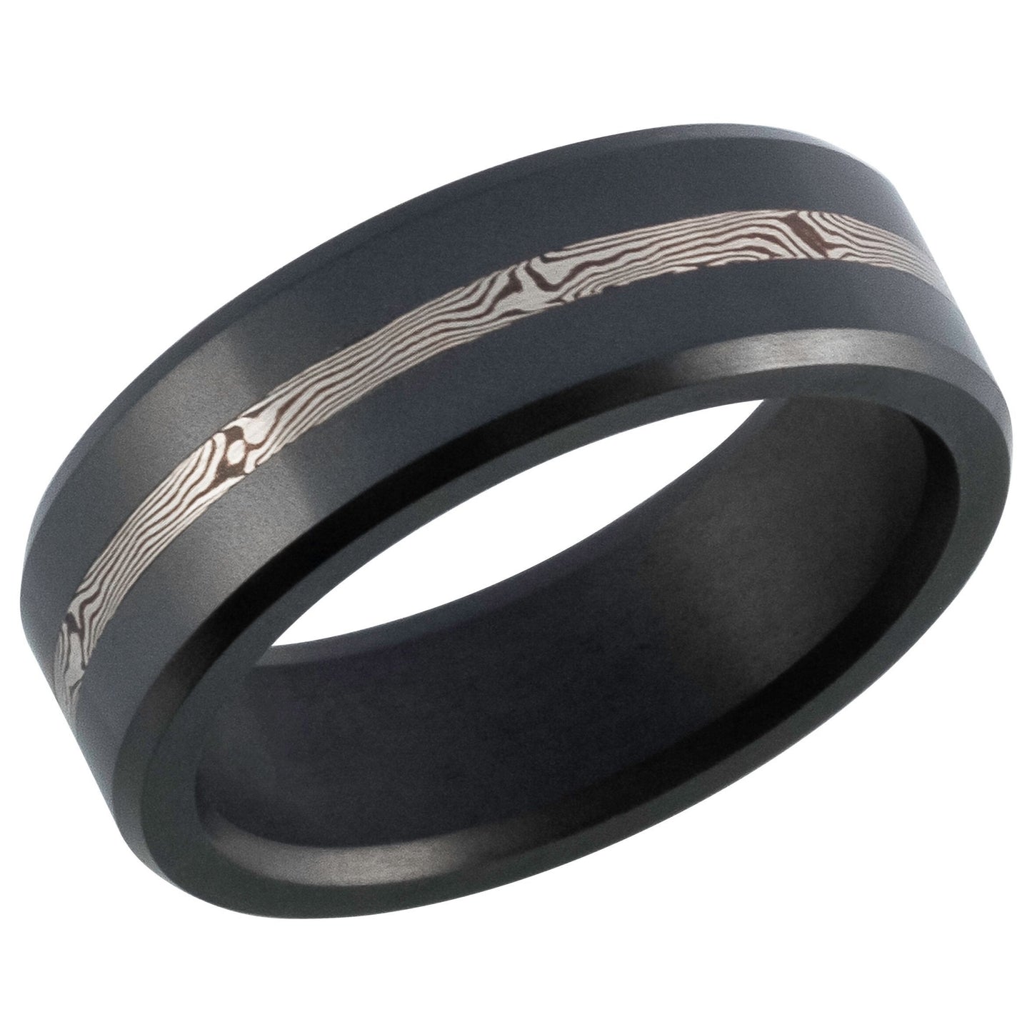 Elysium ARES - Solid Black Diamond Ring - 14K White Gold Mokume Inlay