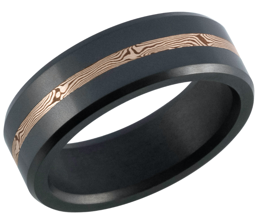 Elysium ARES - Solid Black Diamond Ring - 14K Rose Gold Mokume Inlay